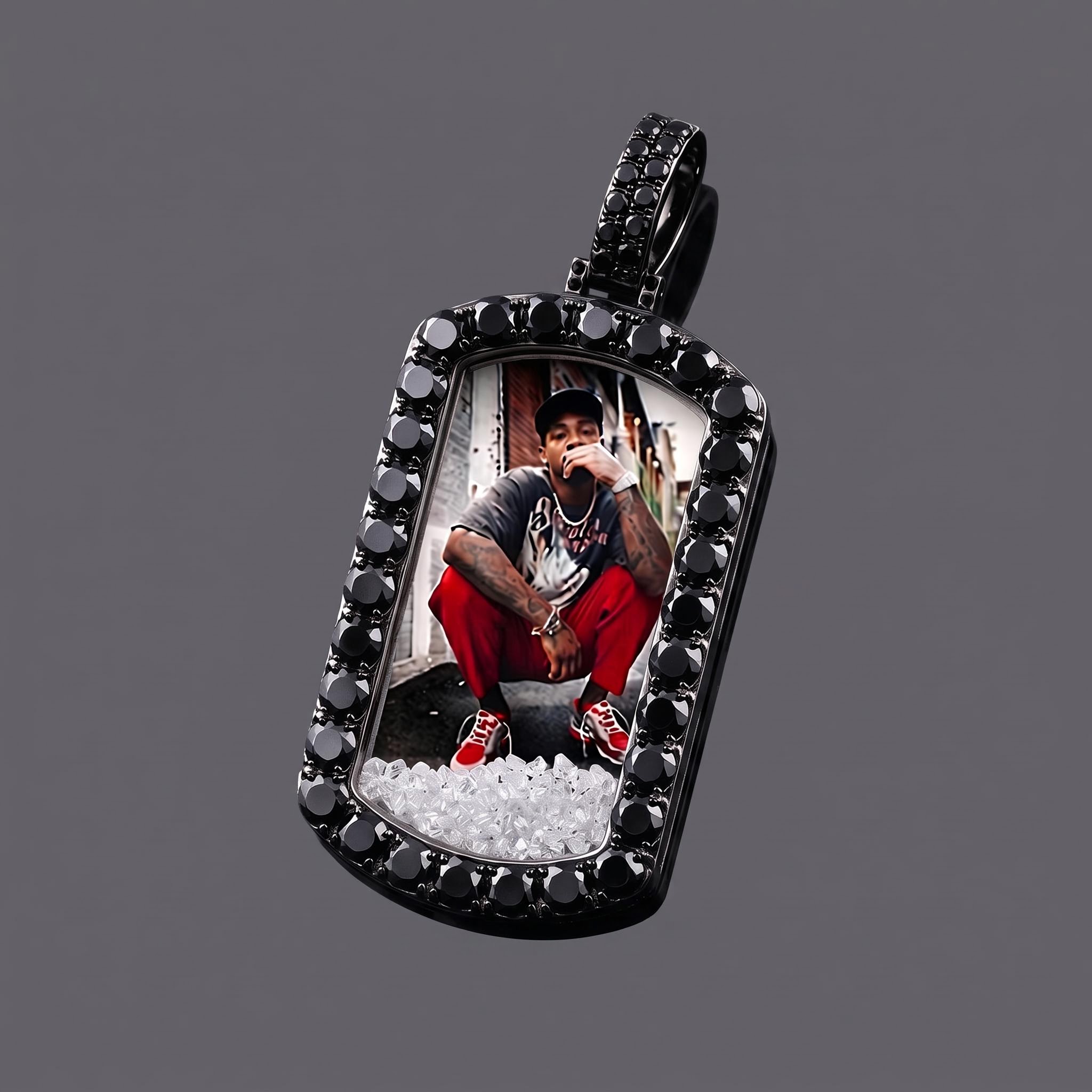 Black Icy-Filled Dog Tag Custom Photo Pendant Black Icy-Filled Dog Tag Custom Photo Pendant