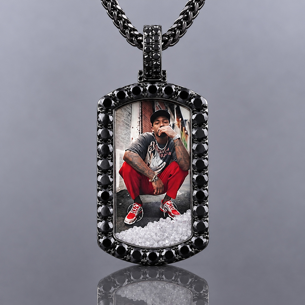 Black Icy-Filled Dog Tag Custom Photo Pendant Black Icy-Filled Dog Tag Custom Photo Pendant