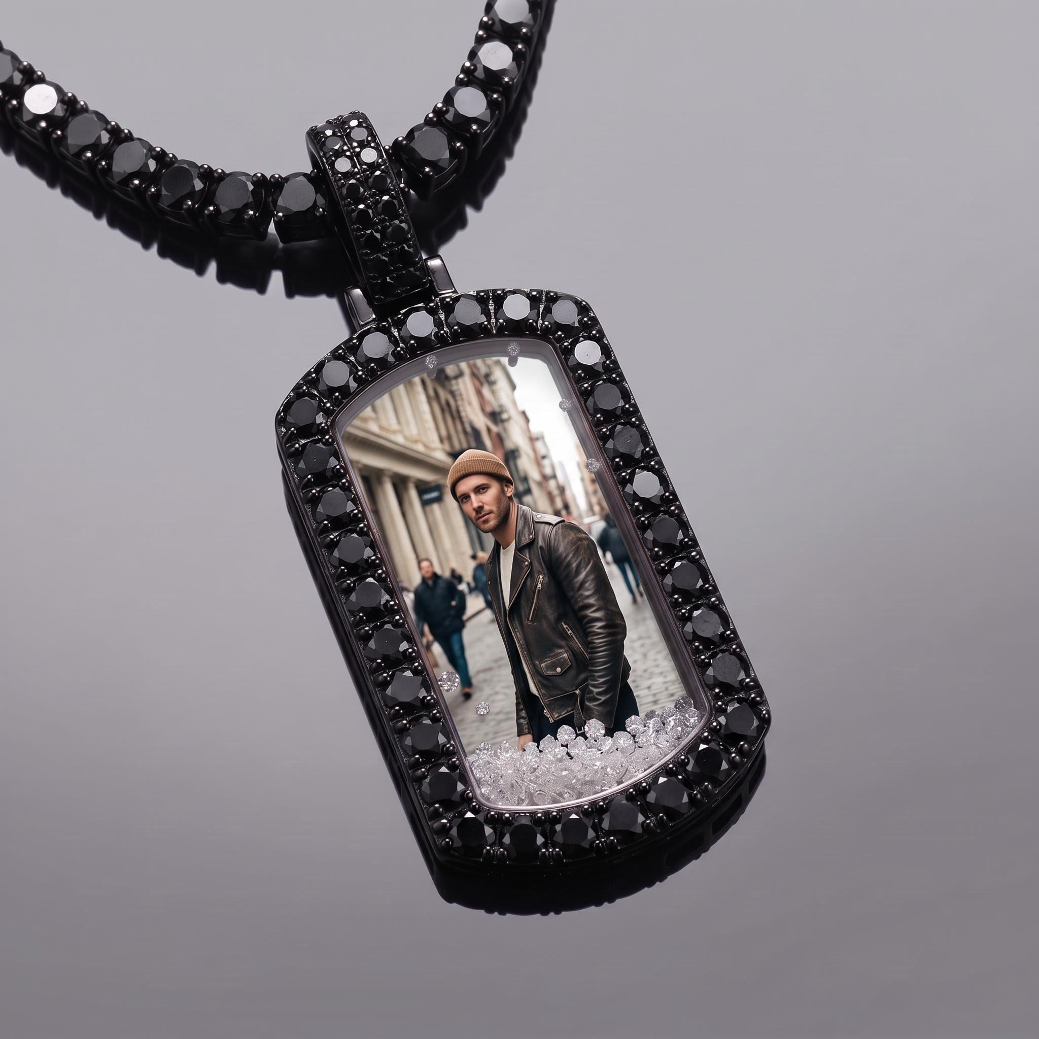 Black Icy-Filled Dog Tag Custom Photo Pendant Black Icy-Filled Dog Tag Custom Photo Pendant