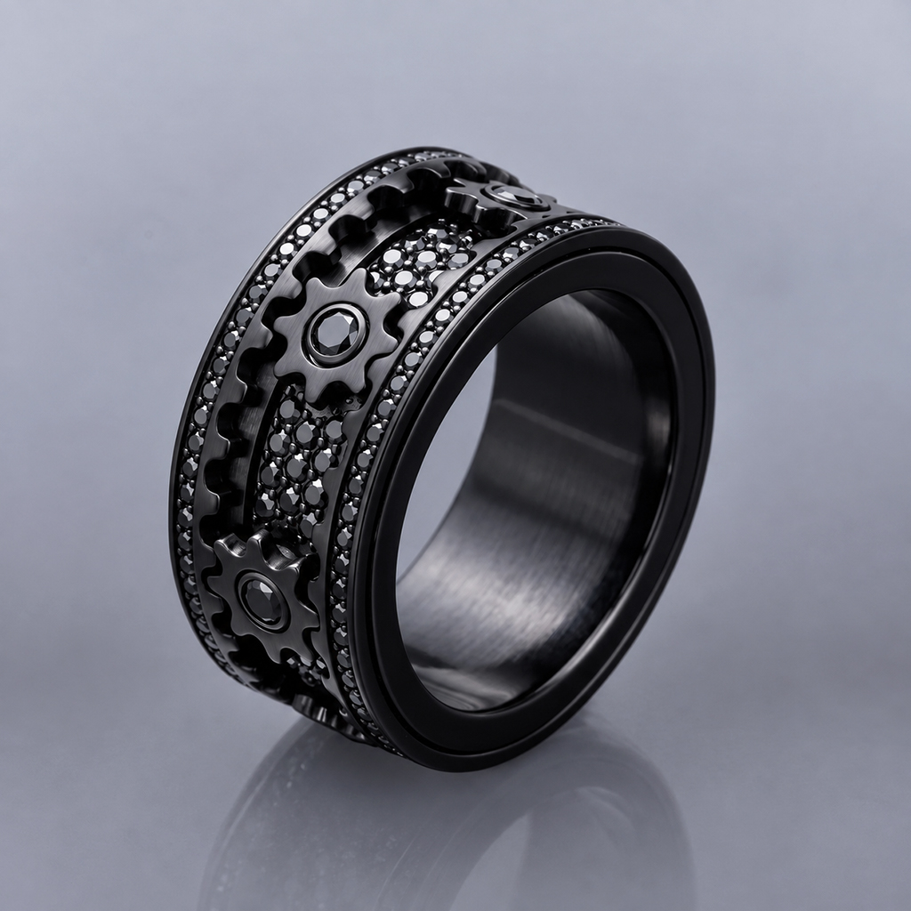 Iced Out Black Gear Spinner Fidget Ring