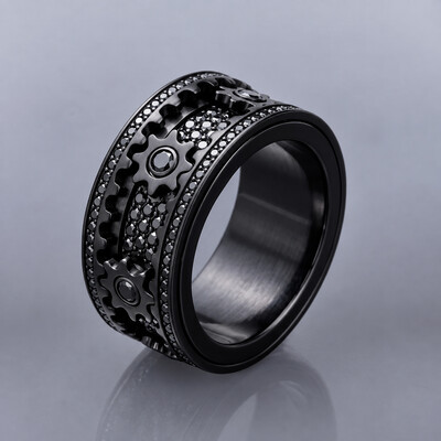 Iced Out Black Gear Spinner Fidget Ring