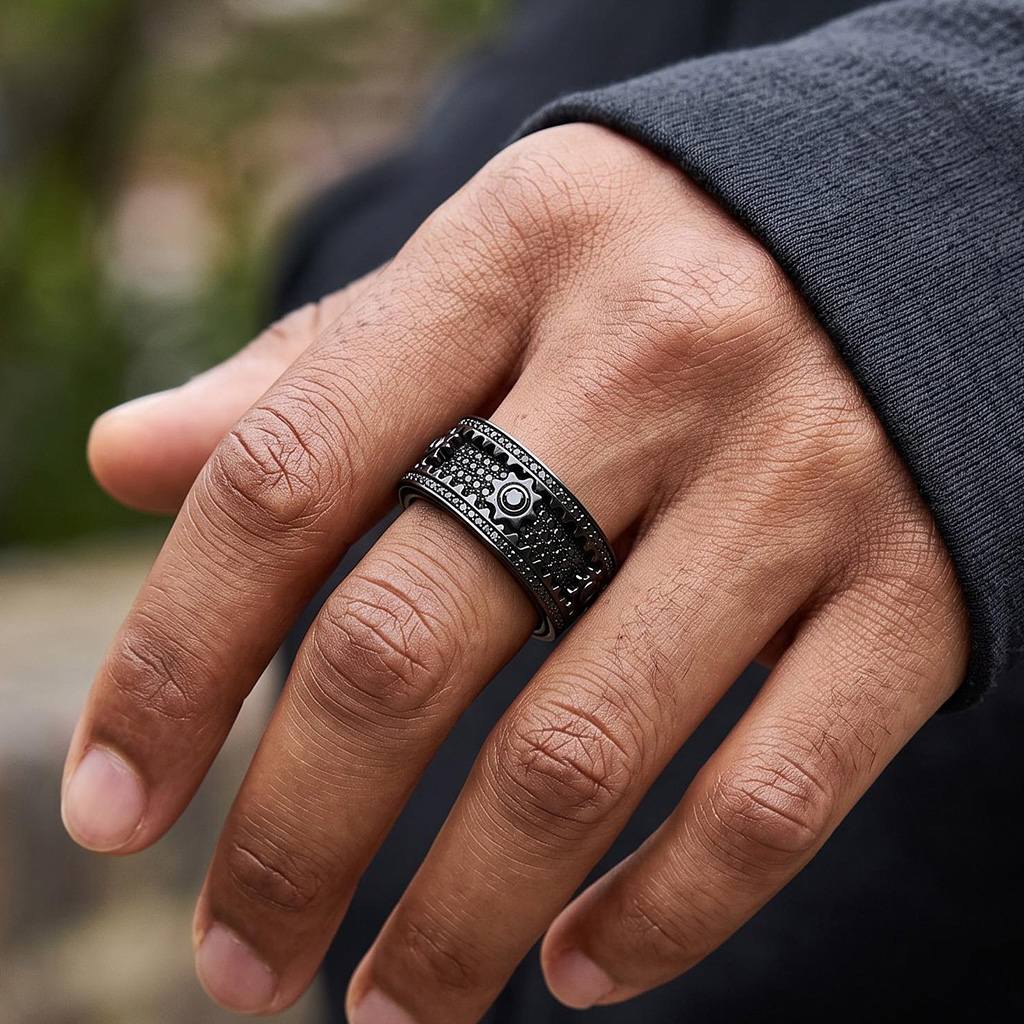 Iced Out Black Gear Spinner Fidget Ring