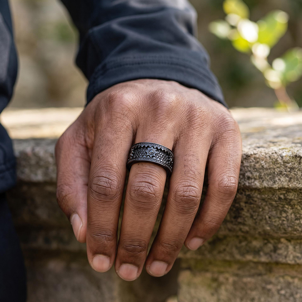 Iced Out Black Gear Spinner Fidget Ring