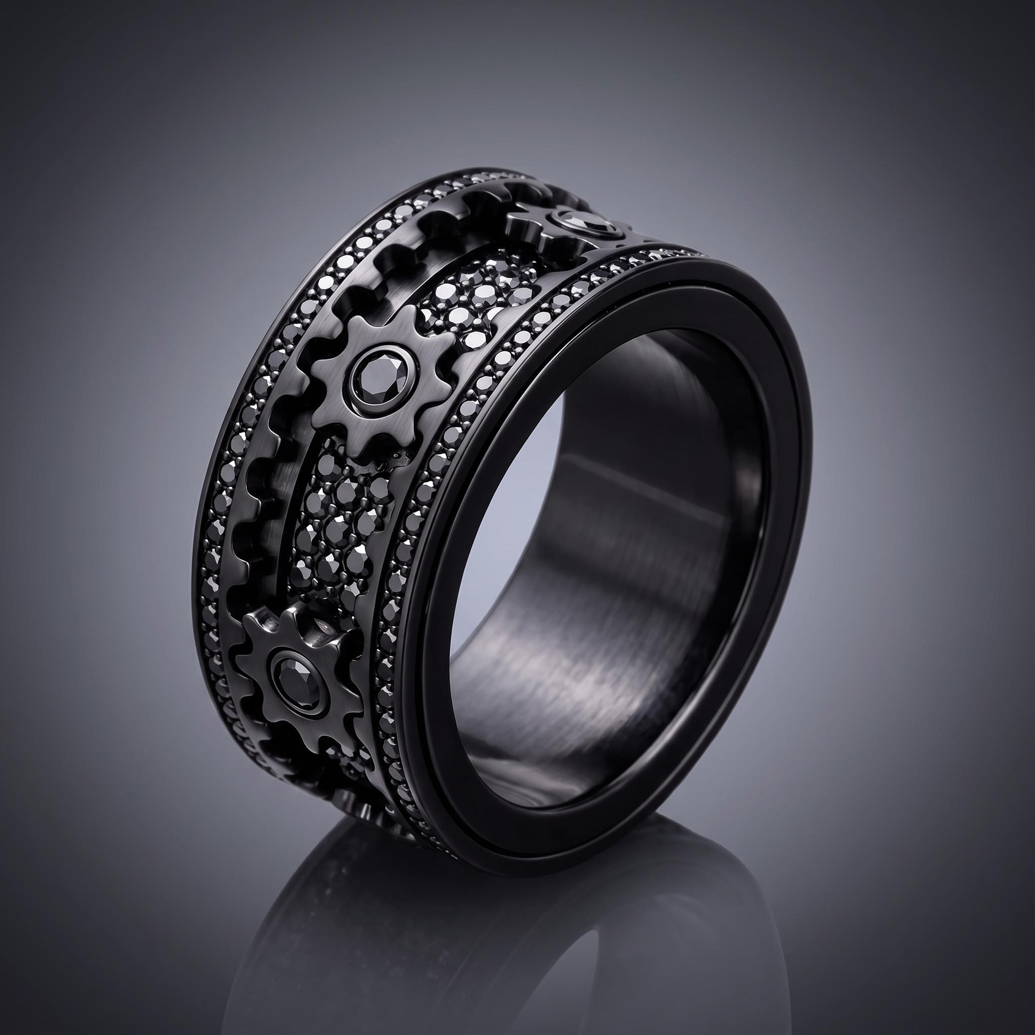 Iced Out Black Gear Spinner Fidget Ring Iced Out Black Gear Spinner Fidget Ring