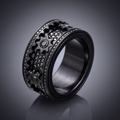 Iced Out Black Gear Spinner Fidget Ring