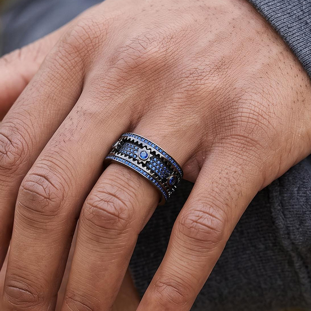 Iced Out Sapphire Blue Gear Spinner Fidget Ring Iced Out Sapphire Blue Gear Spinner Fidget Ring
