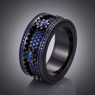 Iced Out Sapphire Blue Gear Spinner Fidget Ring