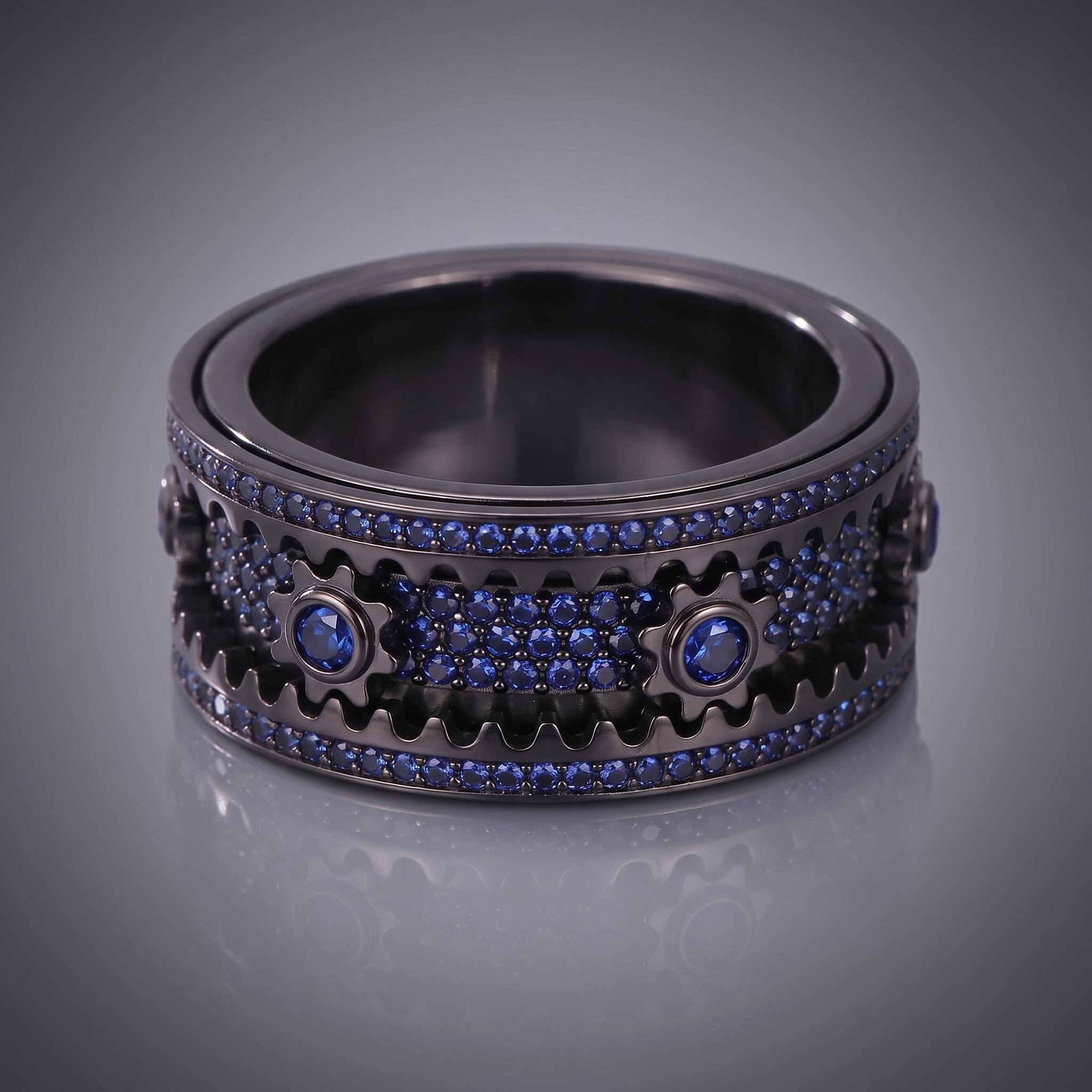 Iced Out Sapphire Blue Gear Spinner Fidget Ring Iced Out Sapphire Blue Gear Spinner Fidget Ring