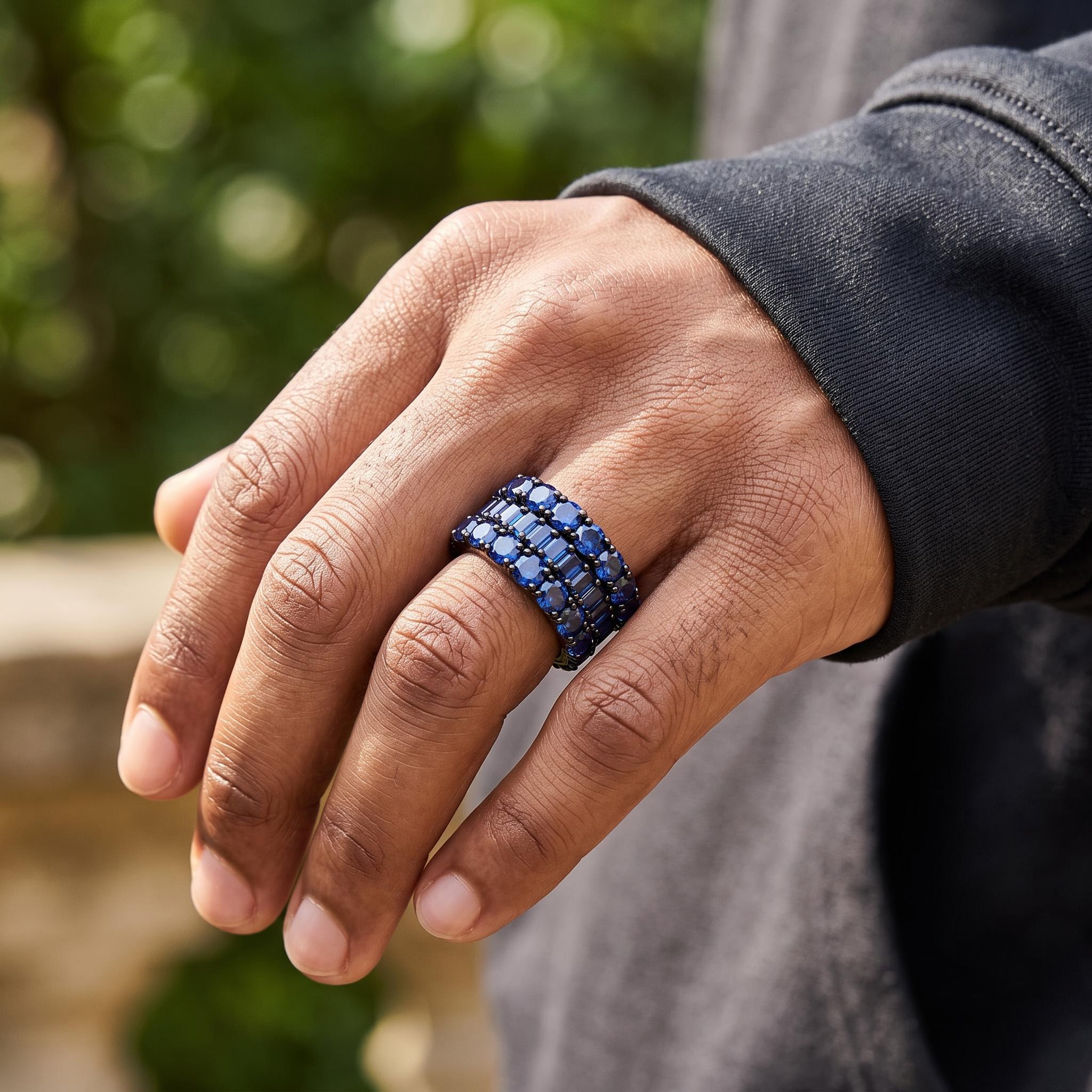 Iced Out Eternity Sapphire Blue Baguette & Round-cut Band Ring Iced Out Eternity Sapphire Blue Baguette & Round-cut Band Ring