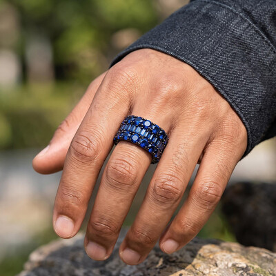 Iced Out Eternity Sapphire Blue Baguette & Round-cut Band Ring