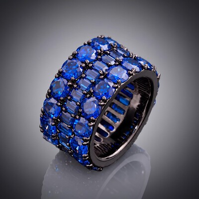 Iced Out Eternity Sapphire Blue Baguette & Round-cut Band Ring