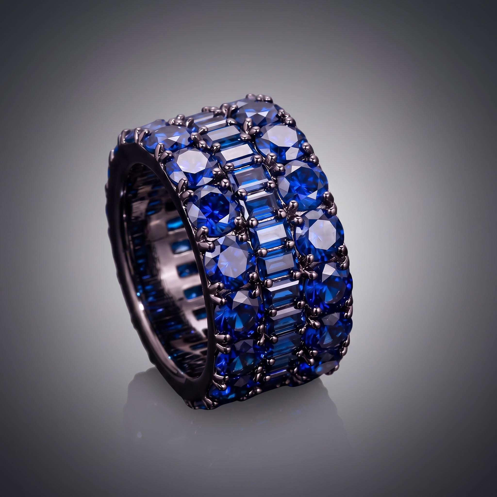 Iced Out Eternity Sapphire Blue Baguette & Round-cut Band Ring Iced Out Eternity Sapphire Blue Baguette & Round-cut Band Ring