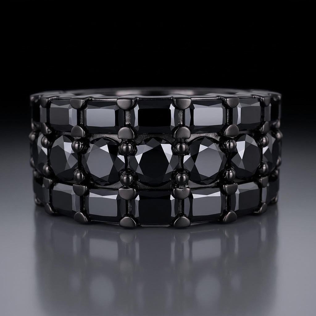 Iced Out Black Eternity Emerald & Round Cut Band Ring Iced Out Black Eternity Emerald & Round Cut Band Ring