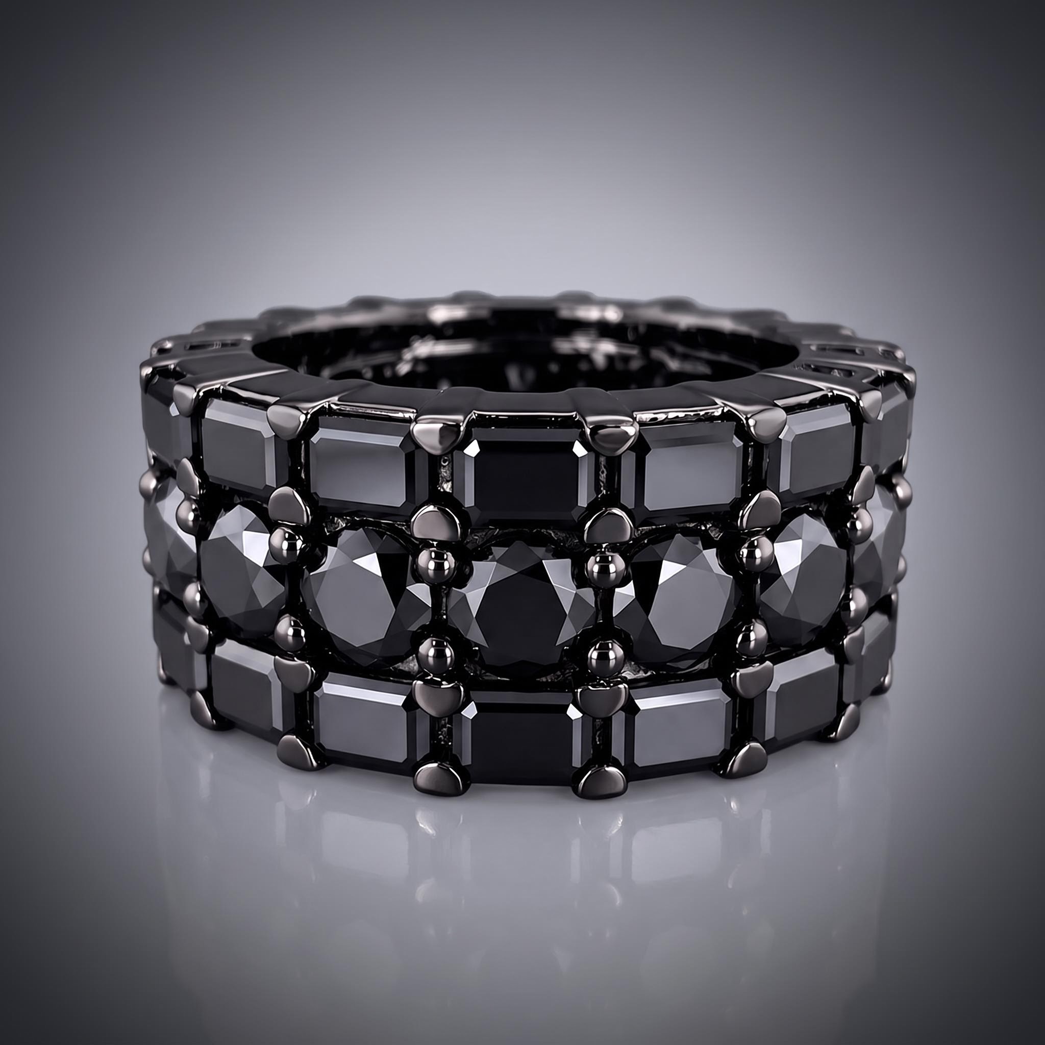 Iced Out Black Eternity Emerald & Round Cut Band Ring Iced Out Black Eternity Emerald & Round Cut Band Ring