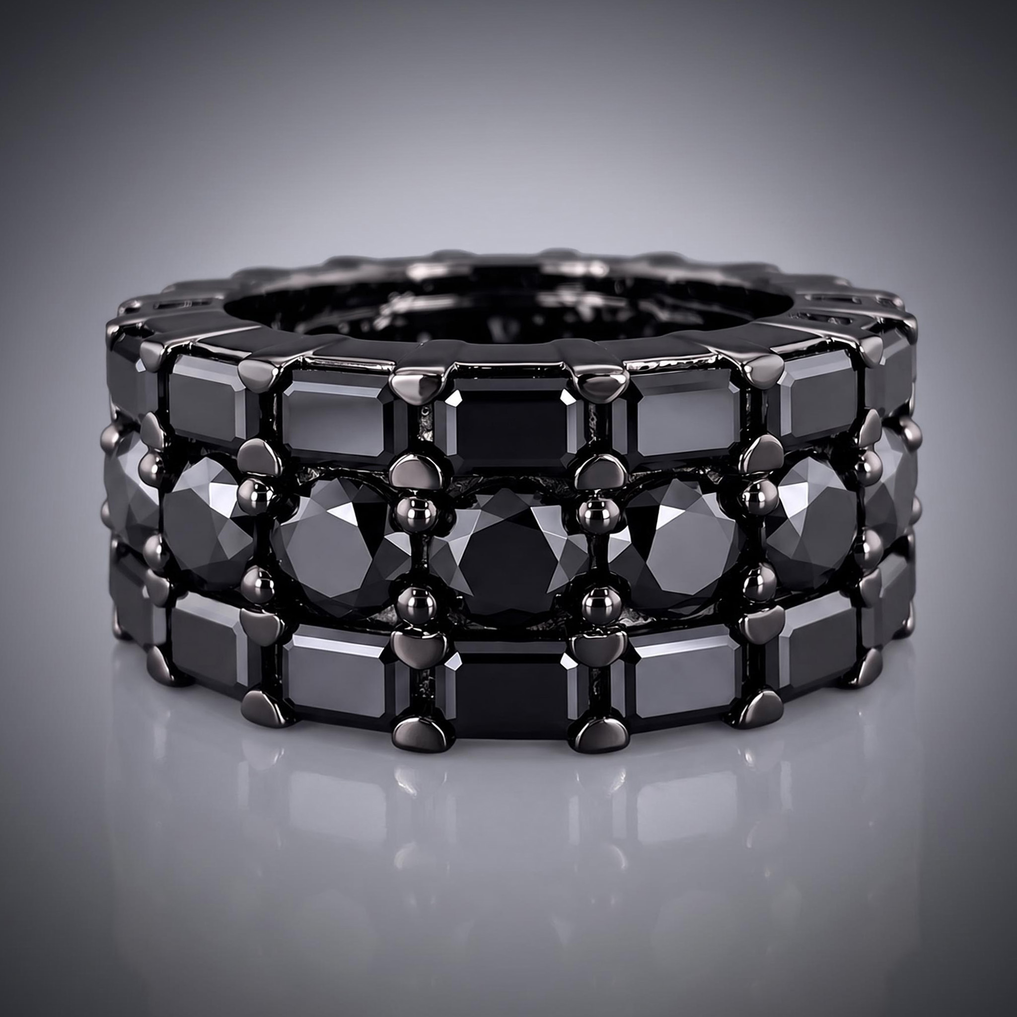 Iced Out Black Eternity Emerald & Round Cut Band Ring
