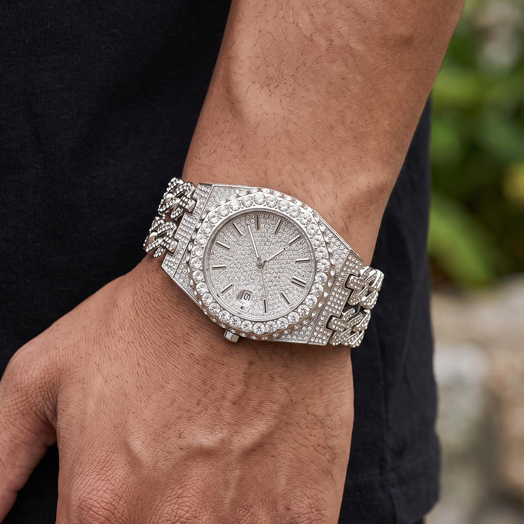 Iced Out Round Cut Cuban Chain Date Men's Watch in White Gold Iced Out Round Cut Cuban Chain Date Men's Watch in White Gold