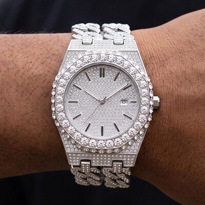 Iced Out Round Cut Cuban Chain Date Men's Watch in White Gold
