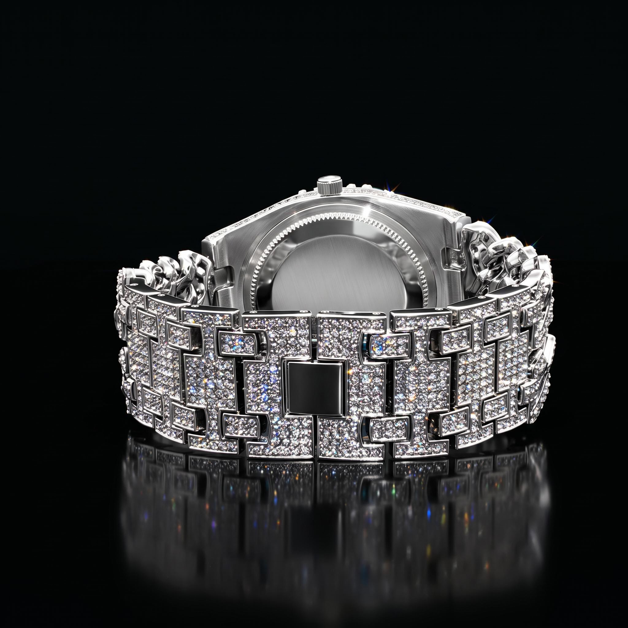Iced Out Round Cut Cuban Chain Date Men's Watch in White Gold Iced Out Round Cut Cuban Chain Date Men's Watch in White Gold