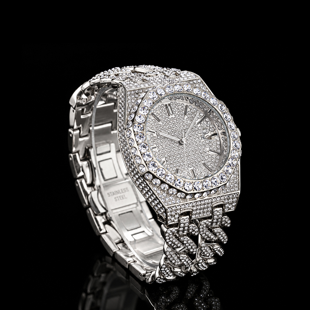 Iced Out Round Cut Cuban Chain Date Men's Watch in White Gold Iced Out Round Cut Cuban Chain Date Men's Watch in White Gold