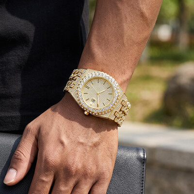 Iced Out Round Cut Cuban Chain Date Men's Watch in Gold