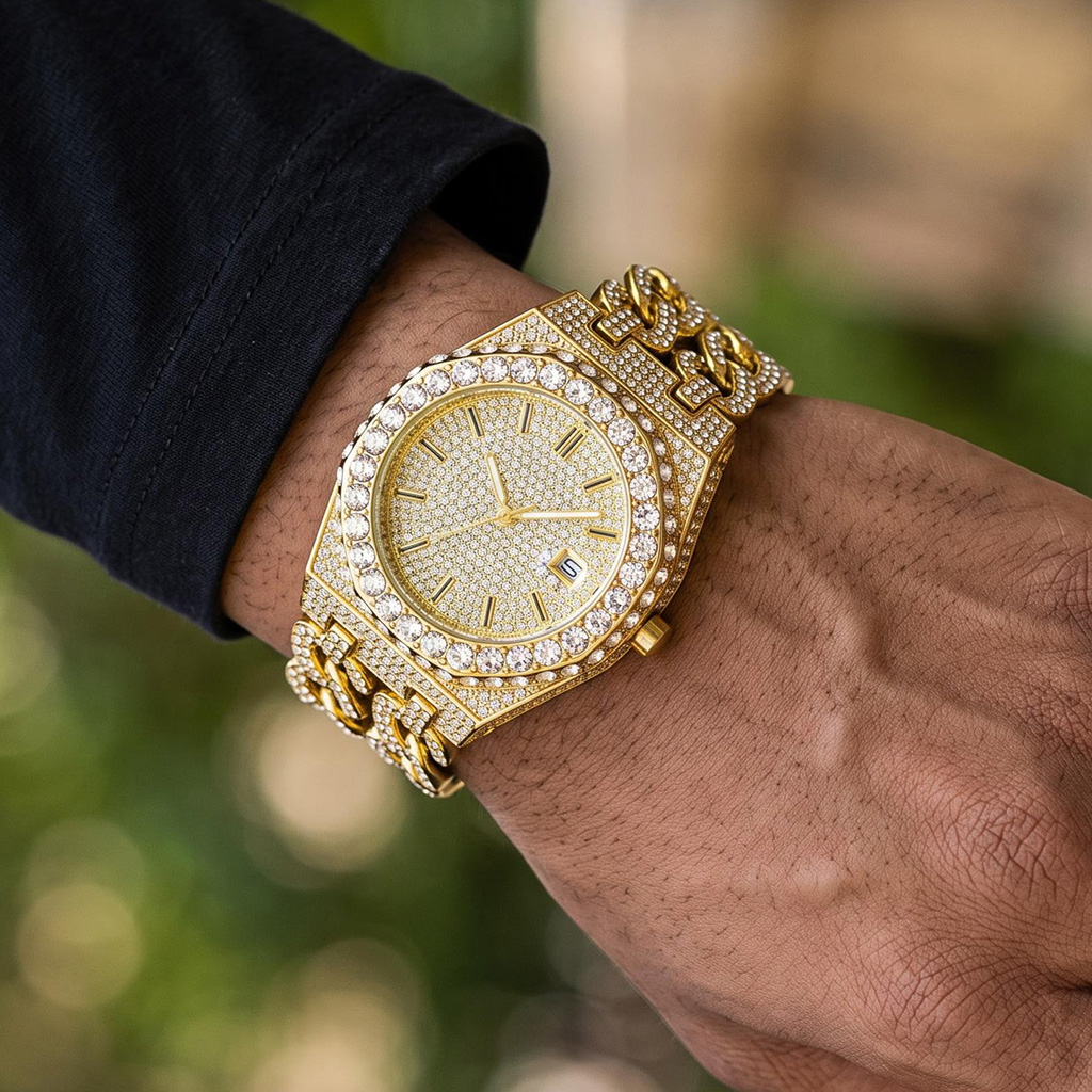 Iced Out Round Cut Cuban Chain Date Men's Watch in Gold Iced Out Round Cut Cuban Chain Date Men's Watch in Gold