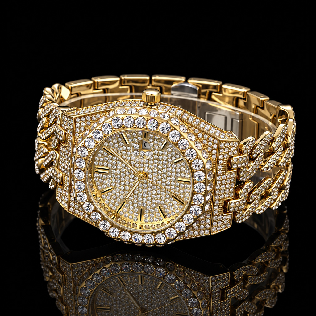 Iced Out Round Cut Cuban Chain Date Men's Watch in Gold Iced Out Round Cut Cuban Chain Date Men's Watch in Gold