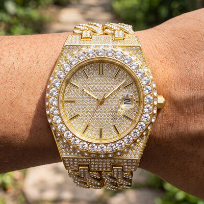 Iced Out Round Cut Cuban Chain Date Men's Watch in Gold