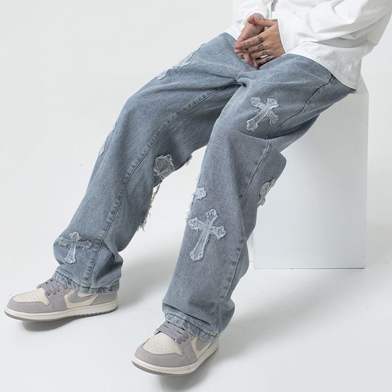 Vintage Letter Frayed Patch Hip Hop Jeans - Helloice Apparel