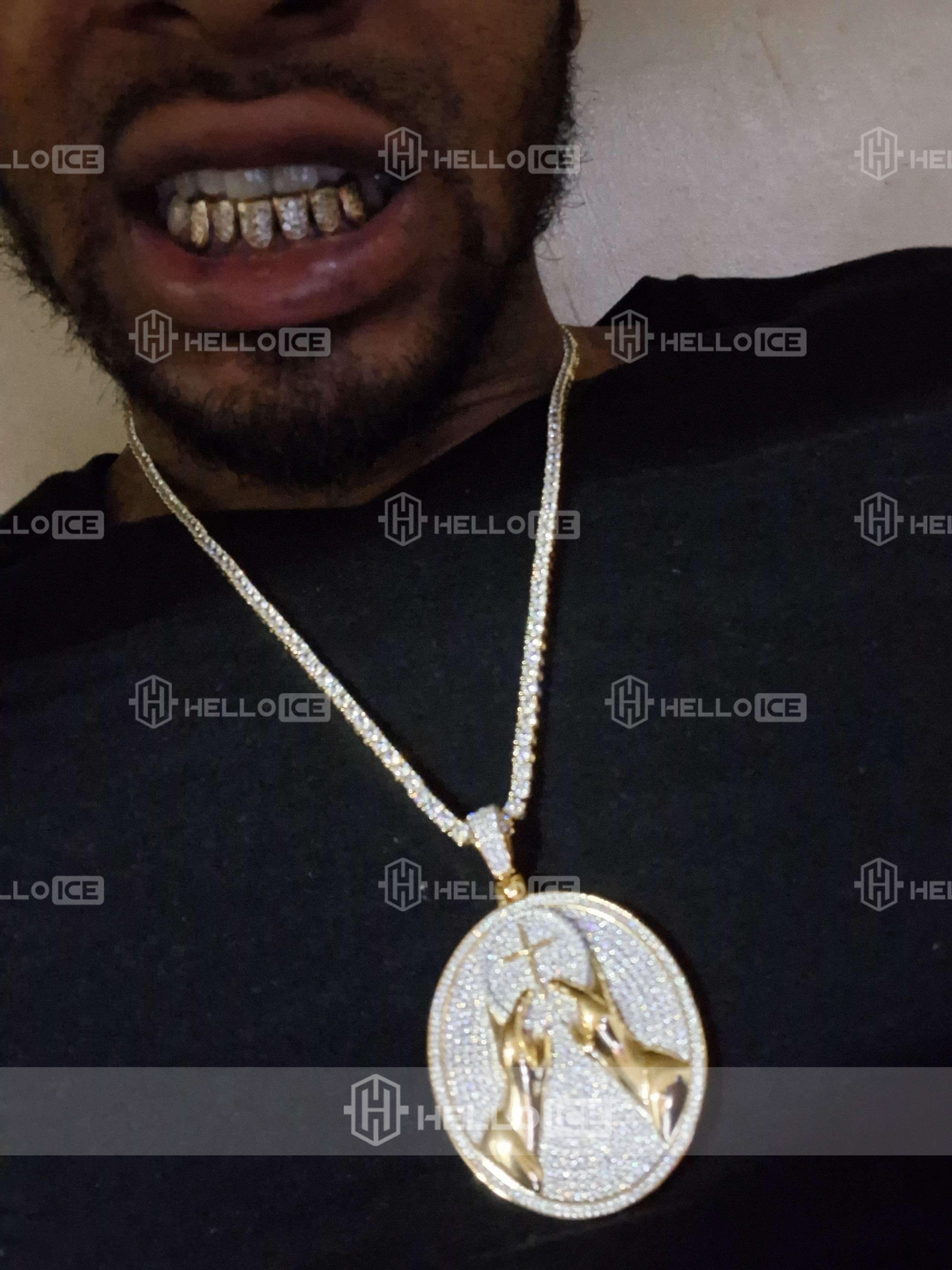 Iced Out Hands with Cross Round Pendant